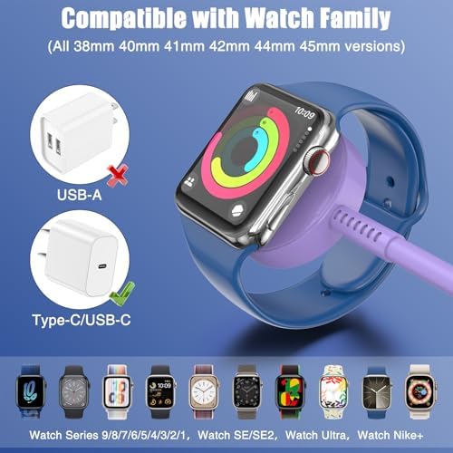 USB-C Magnetic Charger for Apple Watch – Fast Charging Cable Compatible with Ultra, Series 9-1 – 3.3 FT (1.1 M) Black – Enhanced Power Delivery & Secure Connection for All Models