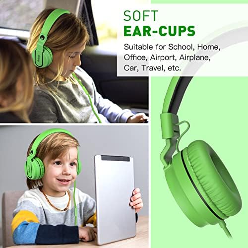 Rockpapa 950 Kids Wired Headphones – Vibrant Black and Green On-Ear Style with Built-in Microphone for Enhanced Online Learning, Foldable for Ultimate Portability, Compatible with Laptops, Tablets, and Chromebooks for Seamless Classroom Engagement and Daily Use