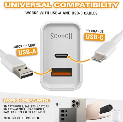 Scooch 20 W Fast Dual-Port Wall Charger – Sleek USB-A & USB-C Power Delivery Adapter for Rapid Device Charging, Compact Travel-Friendly Design with Elegant White Finish, Ideal for Universal Compatibility and Safe Operation