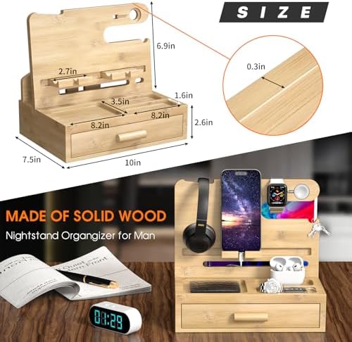 melafa365 Nightstand Organizer for Men,Phone Docking Station with Cable Management,Night Stand with Drawer,Bedside Organizer for Watches,Keys,Wallets,Gifts for Men(Wood) – Enhanced Compatibility and Speed