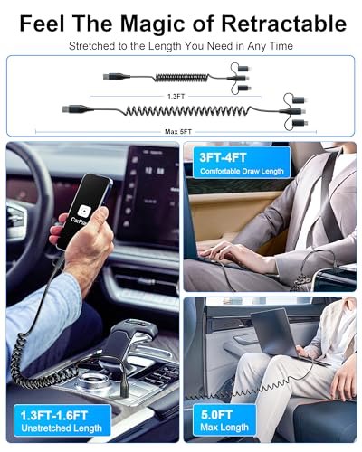 Revolutionary 4-in-1 Coiled Charging Cable: USB, USB-C & Lightning Combo for Seamless Apple Car Play & Android Auto Compatibility – 5 FT, 60 W Fast Charging Multi-Device Cord for i Phone, Samsung, i Pad, Mac Book – Tangle-Free Travel Solution