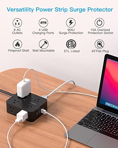 Maximize Your Power Efficiency with HANYCONY 5 Ft Ultra Thin Flat Plug Surge Protector Power Strip – 8 Outlet Extender & 4 Fast-Charging USB Ports (2 USB-C) for College Dorm Room Essentials – 1080 Joules Surge Protection & Wall Mount Design in Sleek Black Finish