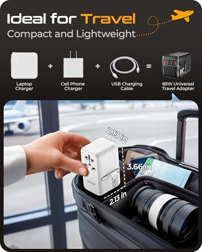 LENCENT 85 W Universal Travel Adapter with Retractable USB-C Cable – High-Speed International Plug Converter Featuring 3 Type-C & 1 USB-A Ports for Effortless Worldwide Charging – Your Ultimate Travel Essential for Maximum Compatibility, Fast Charging, and Ga N Technology Efficiency