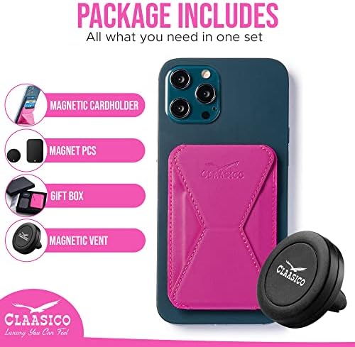 Versatile Claasico Magnetic Cell Phone Wallet & Stand – Stylish Brown Cardholder with Car Air Vent Mount, Dual-Mode Viewing, Extra Magnetic Strips for Enhanced Compatibility – Ultimate Hands-Free Accessory for i Phone Users and Minimalist Lifestyles