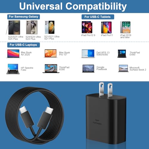 Ultra-Fast 45 W Samsung USB-C Wall Charger with 6.6 FT Cable – Optimal Charging Solution for Galaxy S25 Ultra, S24, S23, S22, Note 10/20 & Tab S8/S7 – Compact Design with Advanced Safety Features for Rapid Device Power-Up