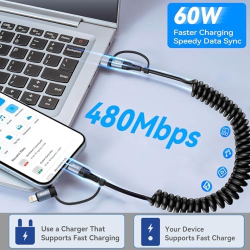Versatile Coiled Lightning Cable Set [2-Pack, 4 FT] – 4-in-1 Premium MFi Certified Fast Charging Cable with 60 W Power Delivery, Retractable Design for i Phone 15/14/13/12/11 Pro Max, i Pad, Air Pods & Mac Book – Tangle-Free Convenience for Home & Travel