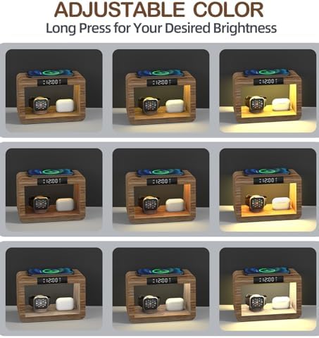 Eco-Friendly Bamboo Charging Station with 15 W Fast Wireless Charging, Adjustable Night Light & Multi-Device Compatibility for i Phone, i Watch, Air Pods, and Samsung – Sleek Nightstand Solution with 3 Color Modes and 4 Brightness Levels, Includes Adapter for Enhanced Efficiency