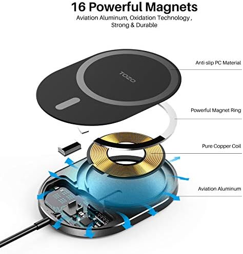 TOZO 2025 Enhanced Magnetic Wireless Charger – Fast Charging Pad for i Phone 16/15 Series, Aviation Aluminum Construction, Compact Design for Effortless Charging, Compatible with i Phone 14 and More, Sleek Black Finish for Modern Aesthetics – Ultimate Durability and Efficiency
