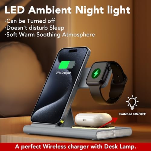 Ultra-Convenient 3-in-1 Foldable Wireless Charging Dock for Apple Devices – Rapid Power-Up Station for i Phone 16/15/14/13/12/11/X/XS, Apple Watch Series 10/9/8/7/Ultra2/Ultra/SE, and Air Pods Pro/2/3/4 – Lightweight Travel Charger with Integrated LED Light for Enhanced Portability and Efficiency