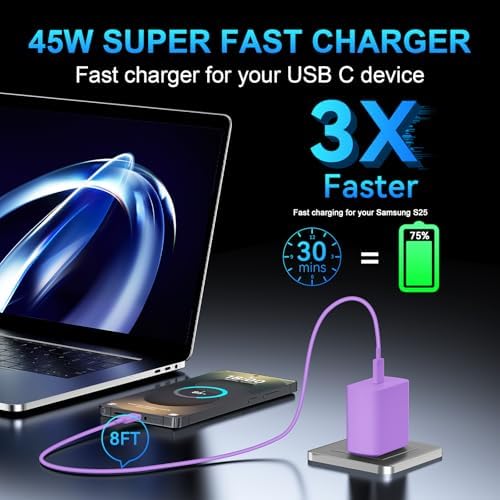 Super Fast 45 W Samsung USB-C Charger with 10 FT Pink Cable – Ultimate Charging Solution for Galaxy S25/S24/S23 Ultra, Stylish & Efficient Power Adapter for Quick Device Boosts and Enhanced Compatibility