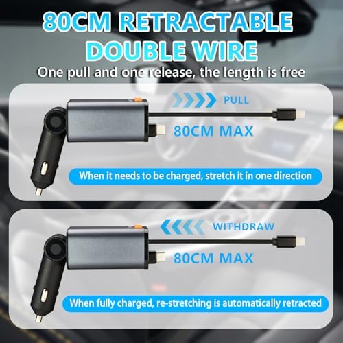 Revamp Your Drive with the 5-in-1 Retractable Car Charger: 60 W Fast Charging, Bluetooth 5.3 FM Transmitter, Hands-Free Calling & Integrated MP3 Player – Dual Retractable Cables & USB Ports for Ultimate Connectivity (Purple) – Elevate Your Mobile Experience on the Go!