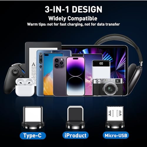 Versatile 5-Pack Magnetic Charging Cables with 540° Rotating Connectors and LED Indicator – Durable Micro USB, USB C, and i-Product Compatibility for Fast Charging and Efficient Data Transfer