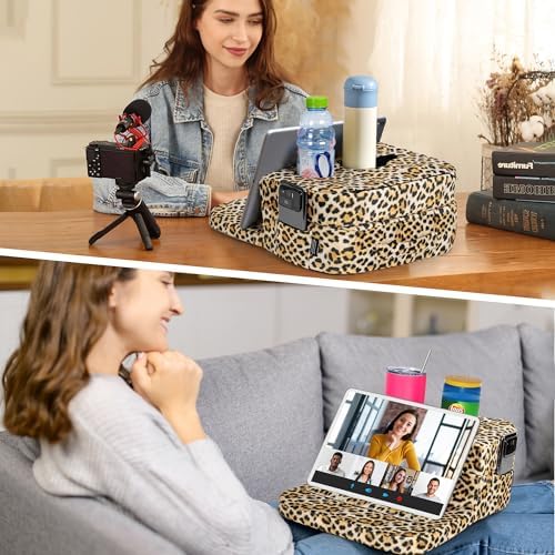 Leopard Print Couch Cup Holder Tray Pillow – Versatile Bed and Sofa Caddy for Drinks, Snacks, and Devices – Portable Memory Foam Organizer for RVs and Cars – Stylish and Easy-to-Clean Accessory for Ultimate Comfort and Convenience