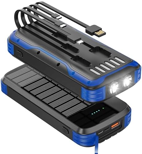 Ultimate 40000 m Ah Solar Power Bank – All-in-One Charging Solution with 20 W Fast Charge, Built-in 4 Cables, and Dual LED Flashlights for Outdoor Essentials – Waterproof, Durable Design for Universal Device Compatibility and Emergency Preparedness