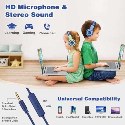 Chic Pink SIMOLIO Kids Headphones with Microphone – Volume-Limited Wired Design for Safe Listening – Adjustable Sound Levels (75/85/94 d B) for Hearing Protection – Perfect for School, Travel, and Home Use – Durable and Comfortable Fit for Active Young Listeners – Compatible with Smartphones & Tablets for Versatile Use
