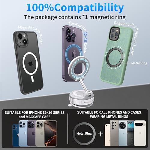 Ultra-Strong Magnetic Car Phone Holder with Vacuum Suction for Any Smooth Surface – 360° Rotating MagSafe-Compatible Phone Mount for iPhone/Android, Dashboard Windshield Car Accessories. Black – Enhanced Compatibility and Speed