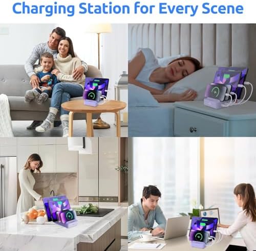Purple 4-Port Fast Charging Station – Multi-Device USB Organizer Dock for i Phones, i Pads, Kindle Tablets, and More – Efficient Power Management with Enhanced Safety Features and Sleek Design for Home and Office Use