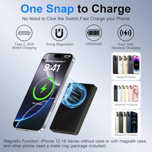 Ultra-Slim 10000 m Ah Magnetic Wireless Power Bank – 20 W Fast Charging for i Phone 16 Pro Max & Samsung Galaxy S25 Ultra, Dual Device Support, Compact Design for On-the-Go Charging, Enhanced Safety Features, Includes USB-C Cable