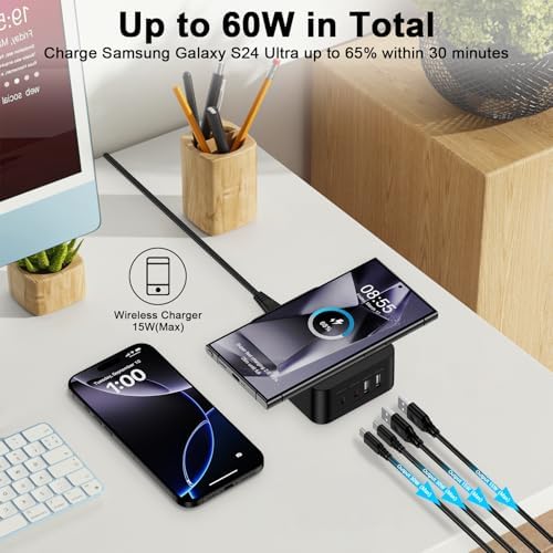 60 W Multi-Device Charging Station – Fast USB A & C Ports for i Phone 16, Samsung S25, Pixel 9 Pro – 15 W Wireless Charging Hub for Efficient Powering of Gadgets – Compact & Portable Tech Accessory for Busy Professionals