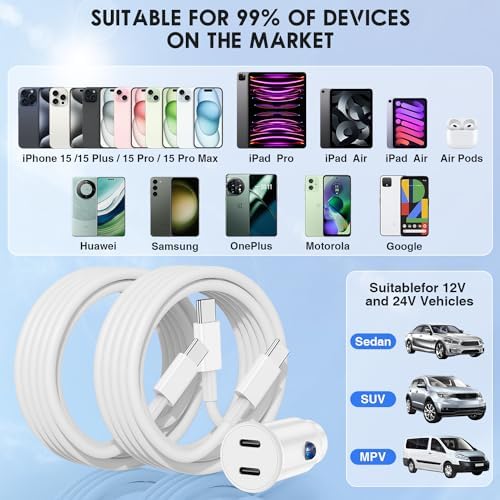 Cabepow 40 W Dual USB-C Car Charger for i Phone 15 Series & i Pad Pro – Rapid Dual-Port Fast Charging Adapter with 2 x 6 FT USB-C Cables for Enhanced Device Compatibility & On-the-Go Power Solutions