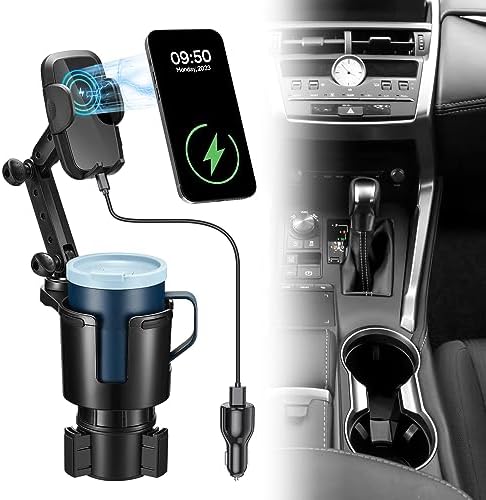 Ultimate 15 W Fast Charging Cup Holder Phone Mount with Auto-Clamping Technology – Adjustable Base for All Smartphones, 360° Rotation for Optimal Viewing, Complete with Car Adapter for Enhanced Portability and Connectivity