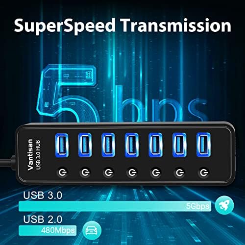 Maximize Your Connectivity: 7-Port USB Hub 3.0 Splitter with Smart Charging & Individual ON/OFF Switches for Mac, PC, and Surface Pro – High-Speed Data Transfer & Powered Adapter for Ultimate Efficiency