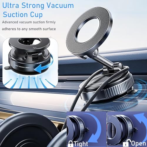 Vacuum Suction Magnetic Phone Holder, 2025 Upgraded Foldable Retractable Suction Cup Car Phone Mount for Magsafe, 360° Adjustable Magnetic Phone Stand for Cars/Gyms/Mirrors/Smooth Surface – Enhanced Compatibility and Speed