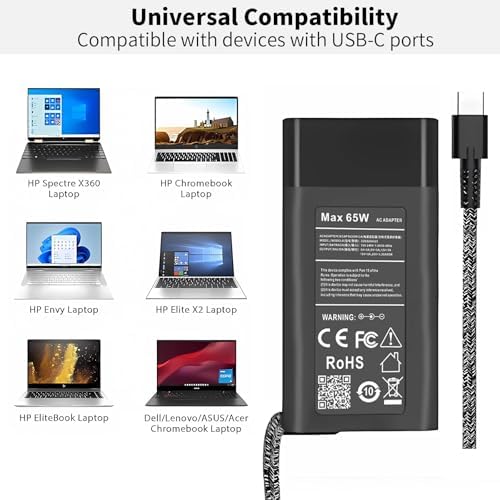 High-Performance 65 W USB-C Laptop Charger for HP Elitebook, Spectre, Envy, and Chromebook – Fast Charging AC Adapter with Enhanced 11 ft Cable for Seamless Compatibility and Reliability – Ideal Replacement for Original HP Power Supply Units