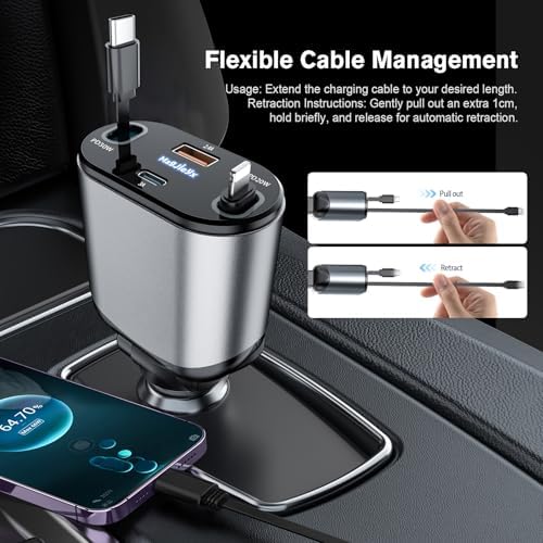 Magjieyx 62 W Retractable Car Charger: 4-in-1 Fast Charging Adapter for Ultimate On-the-Go Power – Compatible with i Phone 16/15/14/13/12 Pro Max Plus, i Pad, Air Pods, Galaxy – Quick Charge & Power Delivery Enabled for Rapid Device Charging – Tangle-Free Convenience for Commuters and Travelers