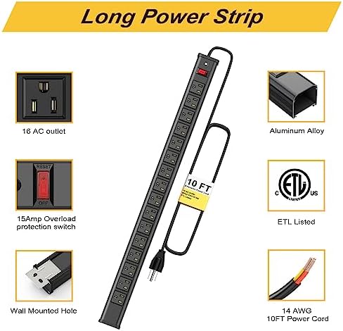 Maximize Workspace Efficiency with the 16 Outlet Heavy-Duty Power Strip – Metal Wall Mount Surge Protector, 10 FT Cord for Industrial Use – ETL Certified for Safety, Versatile Connectivity, and Robust Performance