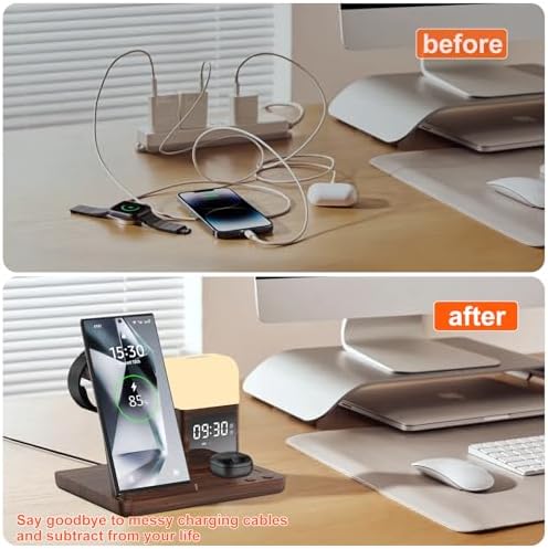 Ultimate 6-in-1 Wireless Charging Station for Samsung & Android: Fast Charger with Alarm Clock & Night Light for Galaxy S25 Ultra, S24, S23, and Samsung Watch7 – Space-Saving Design, Enhanced Compatibility, and Sleek Black Finish for Modern Living