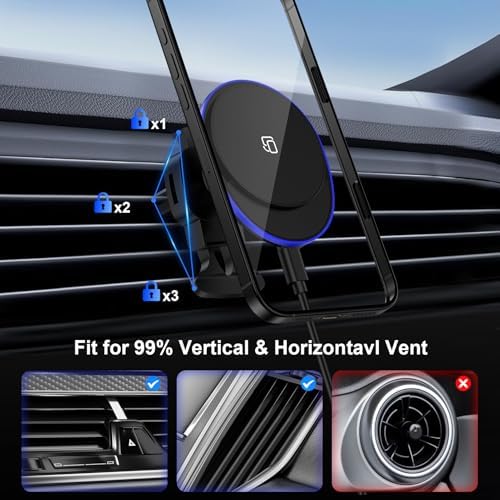 15 W Magnetic Wireless Car Charger – Fast Charging Mag Safe Car Mount Holder for i Phone 12-16 & Samsung Galaxy S23-S25 Ultra – Optimized Air Vent Design for Safety & Convenience