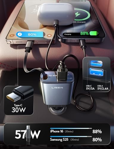 LISEN 57 W USB-C Retractable Car Charger – Ultra-Compact Fast Charging Solution for i Phone 16/15 Pro Max & Samsung Galaxy S25/24 – 75% Space-Saving Design with Enhanced Compatibility for All Android Devices – Tangle-Free Convenience for On-the-Go Power