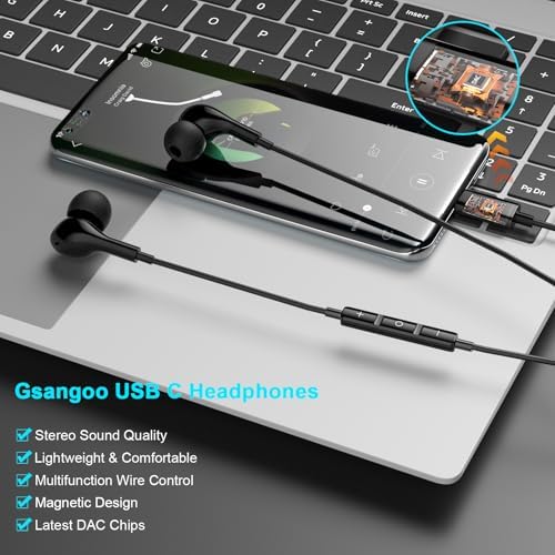 Premium USB C Earbuds for i Phone 16 & Samsung Galaxy Series – High-Fidelity Noise Cancelling Wired Headphones with Built-in Mic for Pixel 9 & One Plus 12 – Sleek Black Design for Ultimate Comfort and Clarity – Perfect for Music & Calls