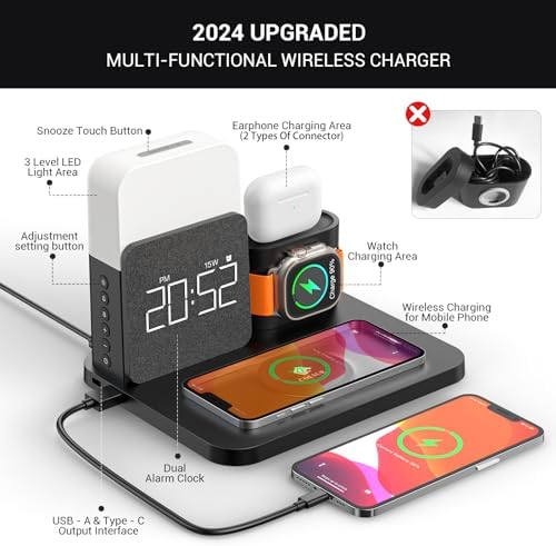 Multifunctional 3-in-1 Charging Station with Alarm Clock and Night Light for i Phone 15, 14, 13, 12, 11, Pro Max & Apple Watch – Space-Saving Wireless Charger Dock for Air Pods – Enhanced Fast Charging and Sleek Design for Home and Office