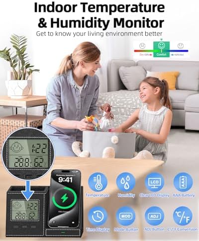 Multi-Functional Desk Organizer with Wireless Charging, Digital Thermometer & Humidity Monitor – Stylish Brown Pen Holder for Home Office Efficiency and Clutter-Free Workspace