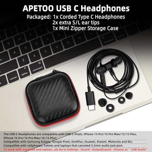 APETOO USB C Wired Earbuds: Unmatched Sound Quality and Noise Isolation for Samsung Galaxy S25/S24/S23 & i Phone 16 – Ergonomic In-Ear Design for Ultimate Comfort and Broad Device Compatibility – Fast USB C Connectivity for Effortless Music Enjoyment and Immersive Listening Experience
