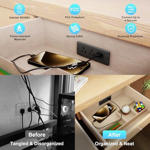Recessed Drawer Power Strip Kit: Clutter-Free Charging Solution with PD 20 W Fast Charge, Dual USB Ports (Type A & C), and Dual 12 Amp AC Outlets – 7.2 FT Cord for Flexible Setup and Enhanced Workspace Efficiency
