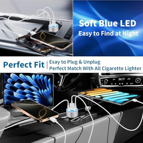 KYOHAYA 90 W Car Charger Bundle – 4-Port USB-C & USB-A Fast Charging Adapter for i Phone 16/15/14/13/12/11 Pro, Galaxy S25/S24, Google Pixel – High-Speed Dual Charging Solution for Road Trips and Daily Commutes – Durable, Compact Design for Enhanced Compatibility and Performance