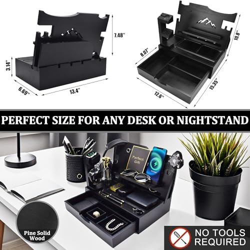 Nightstand Organizer for Men with Large Drawer, Birthday Gifts for Men, Phone Docking Station, Bedside Organizer for Nightstand for Apple Watch, Laptop (Brown, Solid Wood) – Enhanced Compatibility and Speed