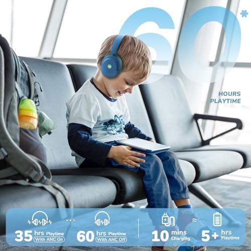 Premium i Clever BTH20 Kids’ Bluetooth 5.4 Headphones with Advanced Active Noise Cancellation – Up to 60 Hours of Playtime, Fast Type-C Charging, and Safe 80 d B Volume Limit – Ideal for Air Travel, Learning, and Entertainment – Award-Winning Kid-Friendly Design in Vibrant Blue for Young Audiophiles