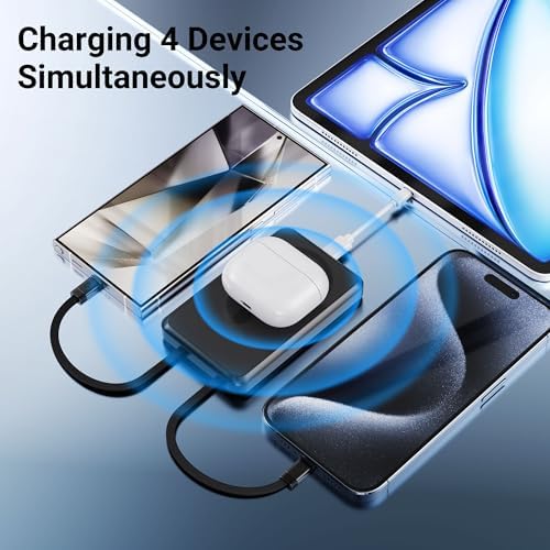Revolutionary Mag Safe 10,000 m Ah Wireless Power Bank – Ultra-Fast Charging, 4 Outputs with Dual Built-in Cables, Magnetic Design for i Phone 15/14/13/12 Pro/Max/Plus, Integrated Kickstand for Effortless Viewing, Versatile USB-C & Micro USB Inputs – Perfect Travel Companion for On-the-Go Charging