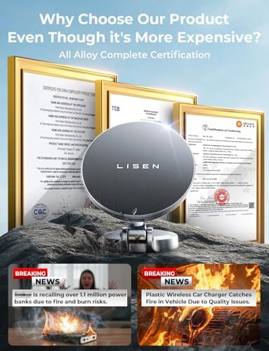 LISEN Mag Safe Car Mount Charger – 15 W Fast Charging Magnetic Wireless Holder for i Phone 16 Pro Max, 15, 14, 13 – Ultra-Durable Zinc Alloy Design for Secure Dashboard Fit and Enhanced Stability on the Road – Essential Fast Charging Accessory for i Phone Users