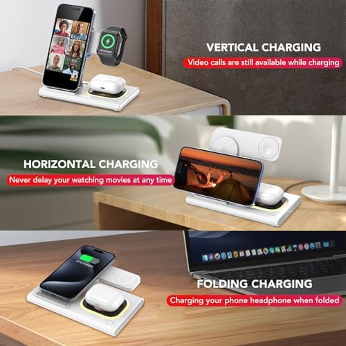 Ultra-Convenient 3-in-1 Foldable Wireless Charging Dock for Apple Devices – Rapid Power-Up Station for i Phone 16/15/14/13/12/11/X/XS, Apple Watch Series 10/9/8/7/Ultra2/Ultra/SE, and Air Pods Pro/2/3/4 – Lightweight Travel Charger with Integrated LED Light for Enhanced Portability and Efficiency