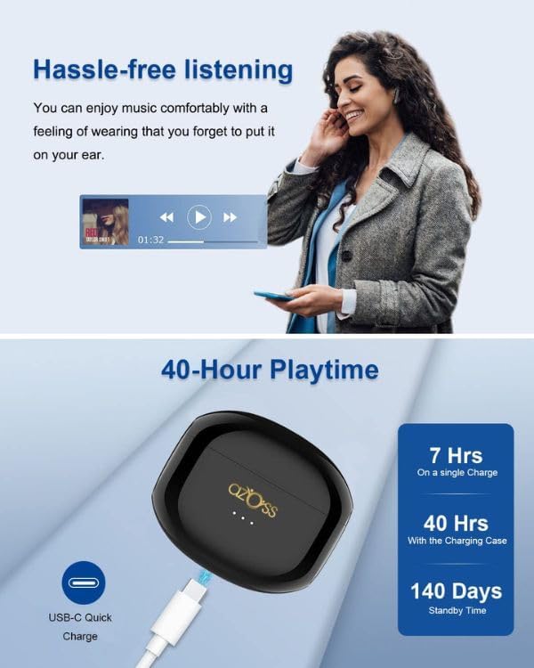 Azoss Bluetooth 5.3 Clip-On Wireless Earbuds – Advanced Active Noise Cancelling for Superior Sound Clarity, 48-Hour Battery Life, IPX7 Waterproof, Hands-Free Microphone for Seamless Communication – Ideal for Fitness, Commuting, and Leisure Activities