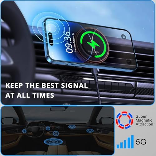 OHLPRO Mag Safe Car Charger Mount for i Phone 16/15/14/13 Pro Max – 15 W Fast Charging Phone Holder with 360° Rotation, Secure Adhesive Base for Tesla and Other Vehicles, Ultimate Magnetic Car Accessory for Safe Driving and Hands-Free Navigation – Perfect Gift for Tech Enthusiasts and Road Warriors