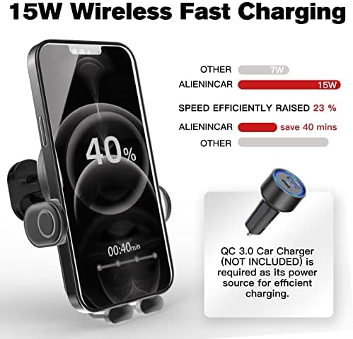 15 W Fast Wireless Car Charger with Auto-Clamping Mount – Effortless Air Vent Holder for i Phone 14/13/12/11/Pro/Xr/Xs/X/8 and Samsung S22/S21/S20 – Sleek Black Design for Enhanced Compatibility and Safety on the Go