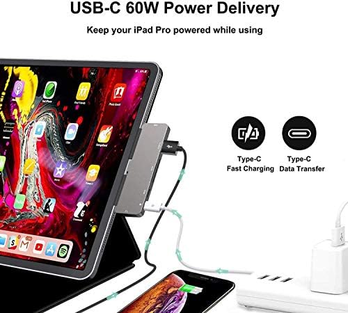 Elevate Your i Pad Pro Experience with Our Versatile 6-in-1 USB C Hub Adapter – Featuring 4 K HDMI, Dual USB 3.0 Ports, 3.5 mm Audio Jack, PD 60 W Charging, and SD/TF Card Slot – Perfect for M2, M1 i Pad Pro 11, 12.9 (2018-2022), i Pad Air, and Mini – Unleash Seamless Connectivity and Effortless Productivity