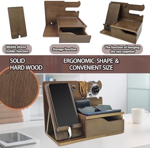 Sleek 3-in-1 Wood Phone Docking Station with Hidden Charging Hole & Drawer – Multifunctional Organizer for Phones, Keys, Glasses & Accessories, Ideal Men’s Desk Solution (Brown) – Premium Quality & Enhanced Compatibility