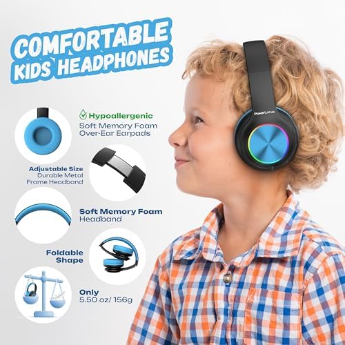 Vibrant Power Locus PLED Kids Bluetooth Headphones – Safe Volume Control (74/85/94 d B), Fun LED Lights, Hi-Fi Sound, Built-in Microphone & Multi-Connectivity for Travel, Learning & Play – Perfect Over-Ear Design for Children